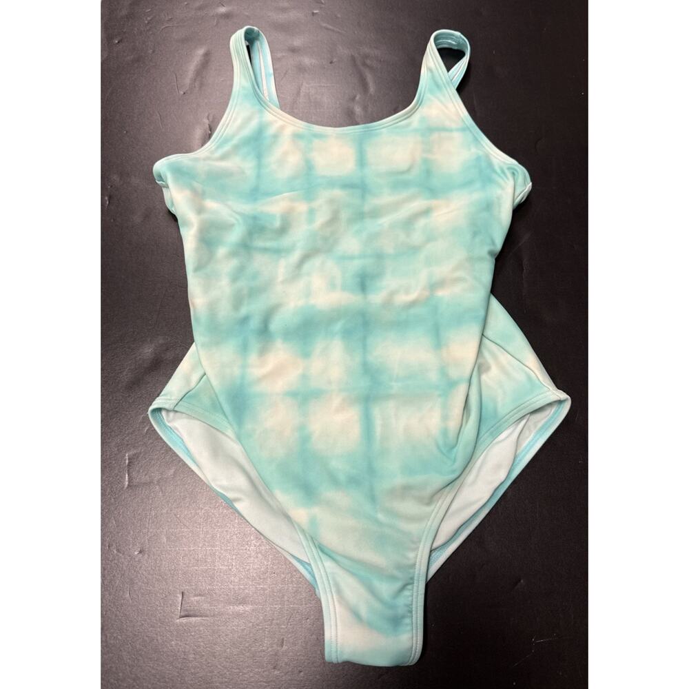 Athleta Girl One-Piece Swimsuit Tie-Die Blue Green Open Back Strappy XL 14 Sun